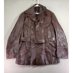Vintage Meier & Frank Jacket 47 Brown Leather Collar Long Sleeve Belted Pockets